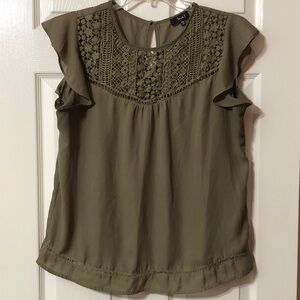 Love J Olive Blouse Lace Detail Yoke and Ruffle Sleeves Size X-Large